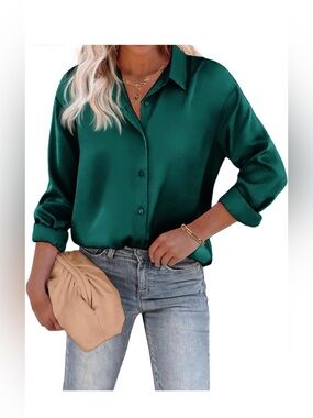 Chigant Women's Emerald Green Button-Up Satin Blouse size XXL